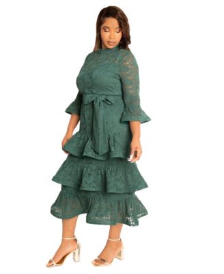 Plus Size Lace Bell Sleeve Tiered Dress
