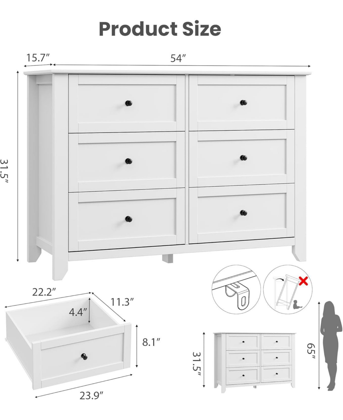 gaomon 6 Drawer Dresser for Bedroom, 54" Wide Large Dresser with Deep Drawers & Metal Knobs, Modern Wooden Chests of Drawers for Entryway, Hallwa