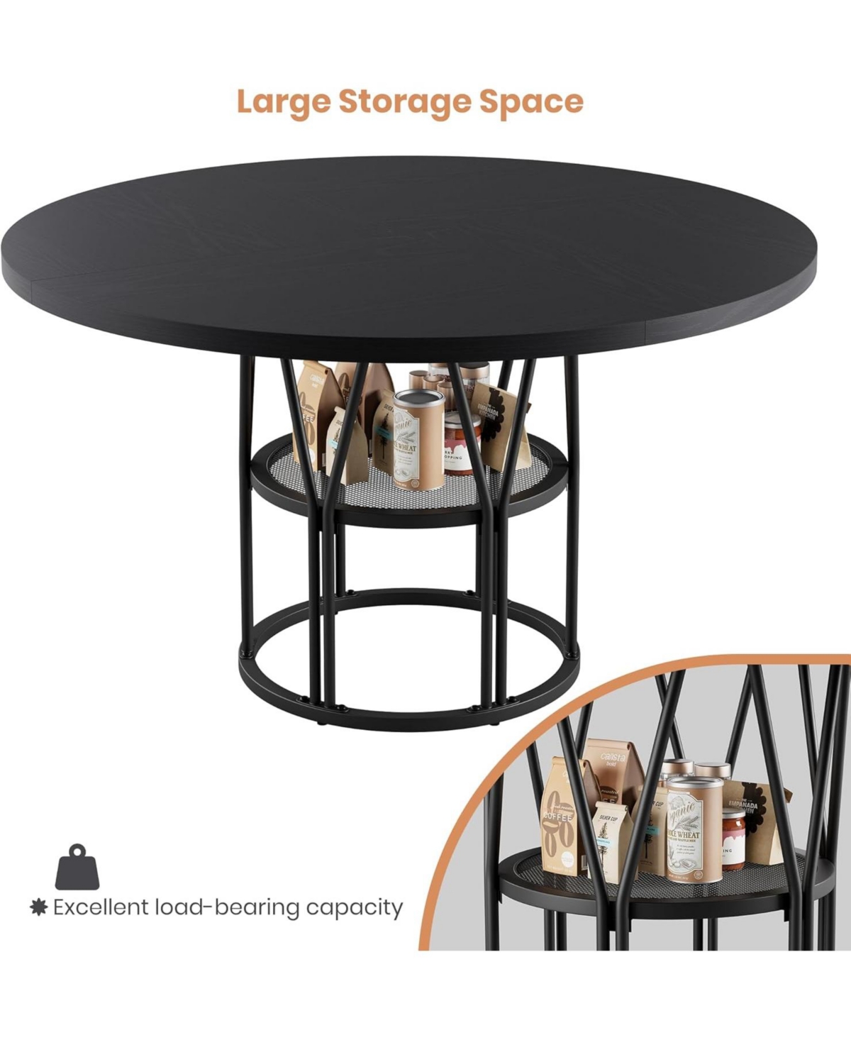 gaomon Round Dinning Table for 4-6, 47" Circle Kitchen with Storage Shelf & Sturdy Metal Frame, Modern Dinner Kitchen, Living Roo