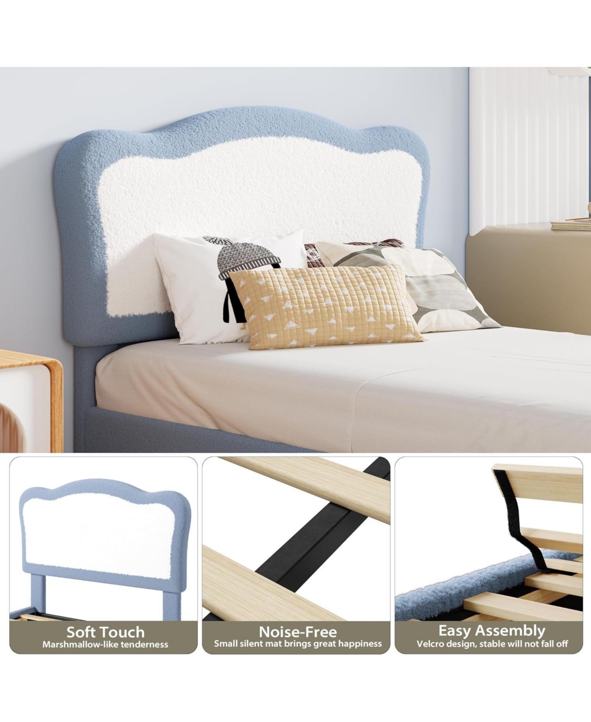 gaomon Bed Frame for Kids, Boucle Upholstered Platform with Headboard Girls Boys, Wooden Slats Support