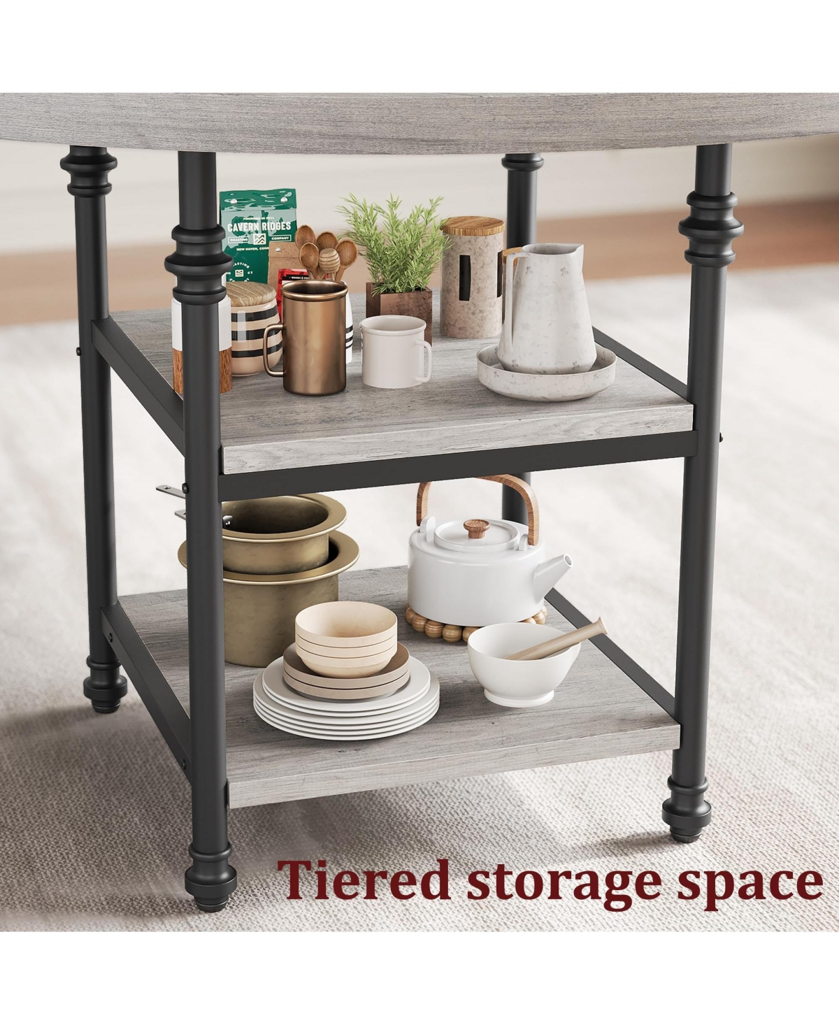 gaomon Round Dining Table for 4-6 People 47 Inch with 2-Layer Storage Shelf, Farmhouse-Style Wooden