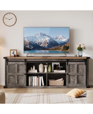 Farmhouse TV Stand for 75 Inch TV, Entertainment Center with Storage Cabinets and Sliding Barn Doors