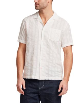 Men's Short-Sleeve Button Down Vertical Texture Camp Collar Cotton Shirt