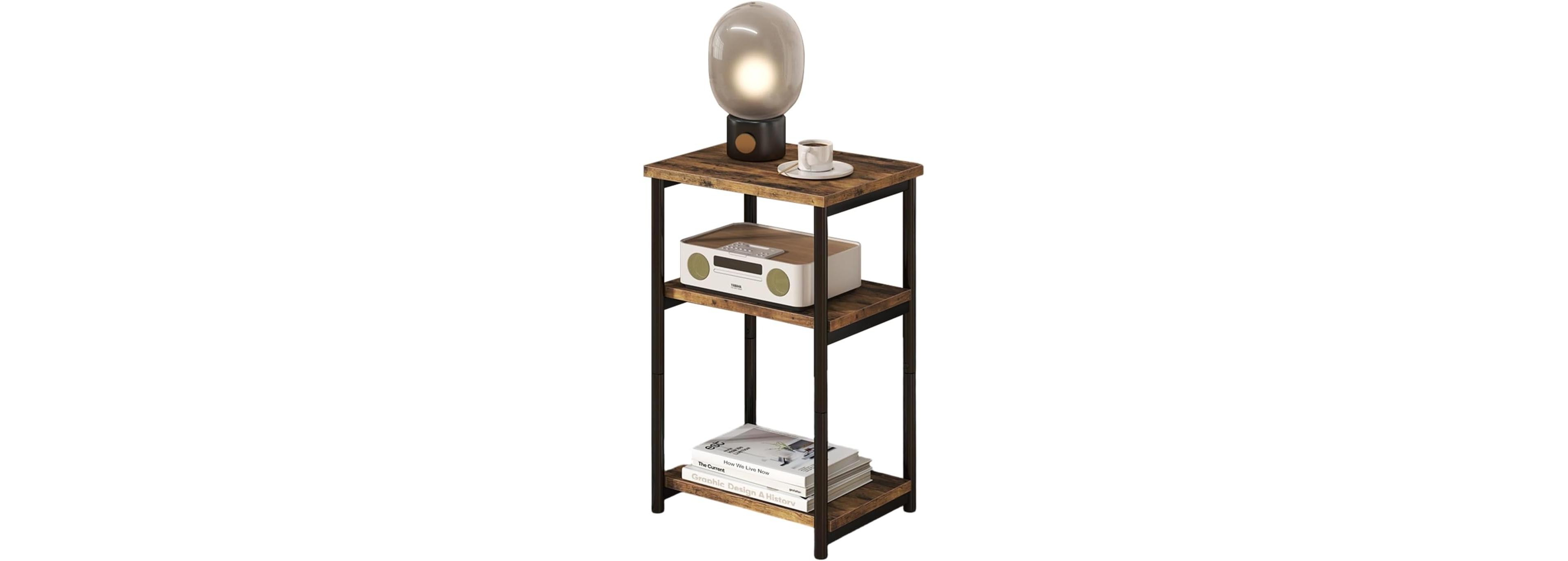 gaomon Slim 3-Tier End Table with Storage Shelves, Narrow Mobile Side Table for Small Spaces, Industrial Wood & Metal Sofa Table, Record Player St