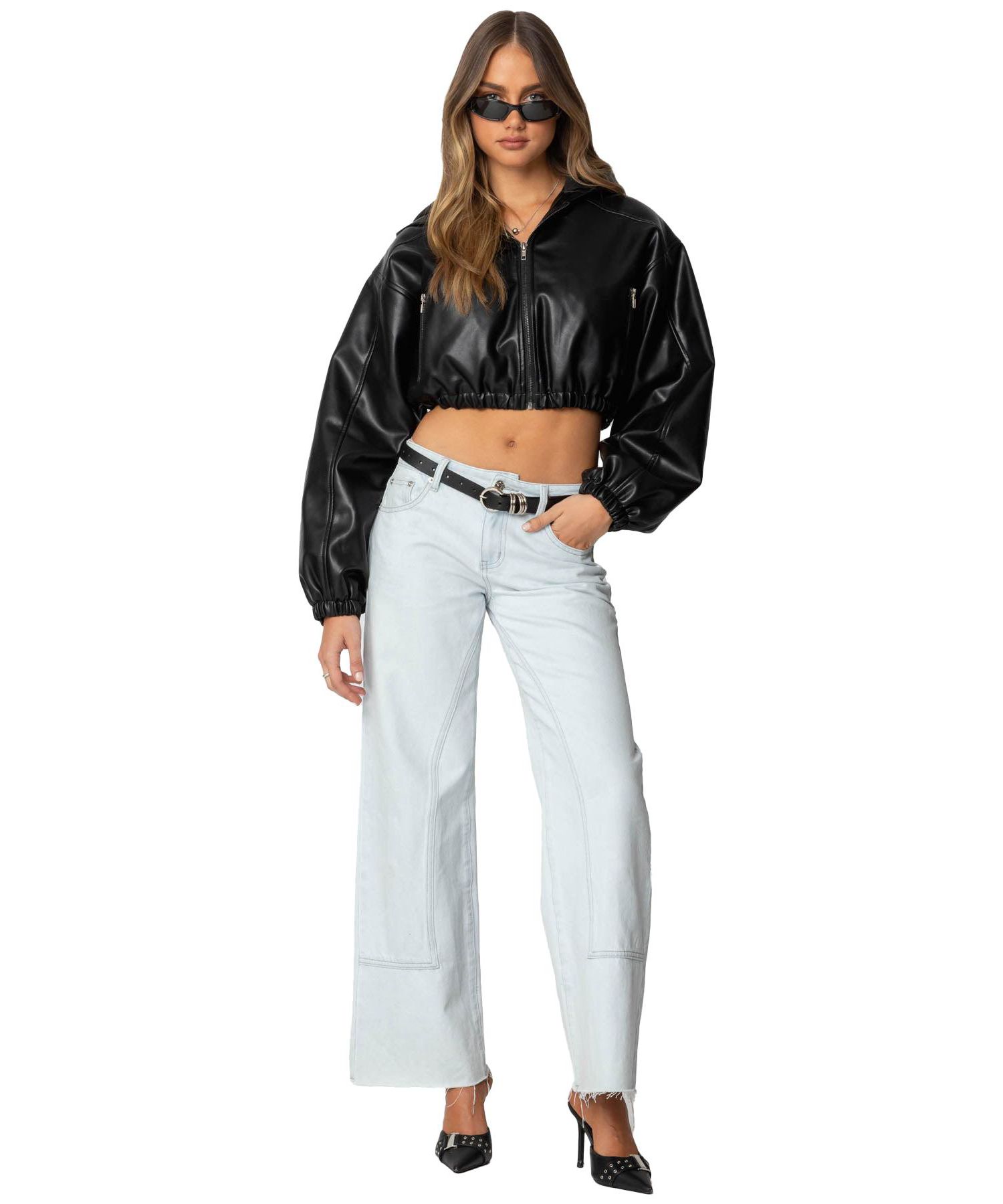 Women's Hooded Faux Leather Cropped Jacket