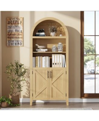 Farmhouse Style 5-Tier Storage Cabinet with Arched Design & Rattan Decor & Open Display Shelves