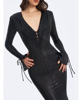 Women's Ilysia Black V-Neck Plunge Snakeskin Mermaid Hem Maxi Dress
