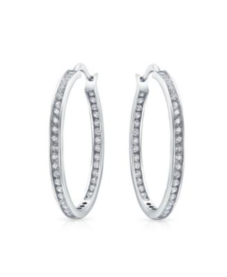 Cubic Zirconia Round Solitaire Channel Set In Side Out Statement Big CZ Hoop Earrings Sterling Silver