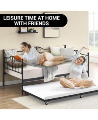 Modern Twin Daybed with Trundle and Backrest, Metal Sofa Bed Frame with Steel Slat Support and Art Sweet Heart Design,for Living Room