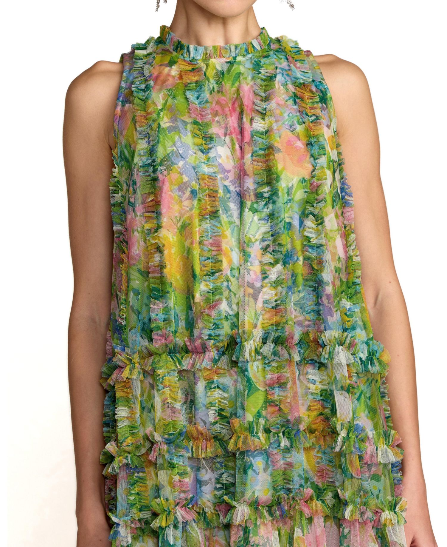 Women's Sleeveless High Neck Printed Mesh Mini Dress