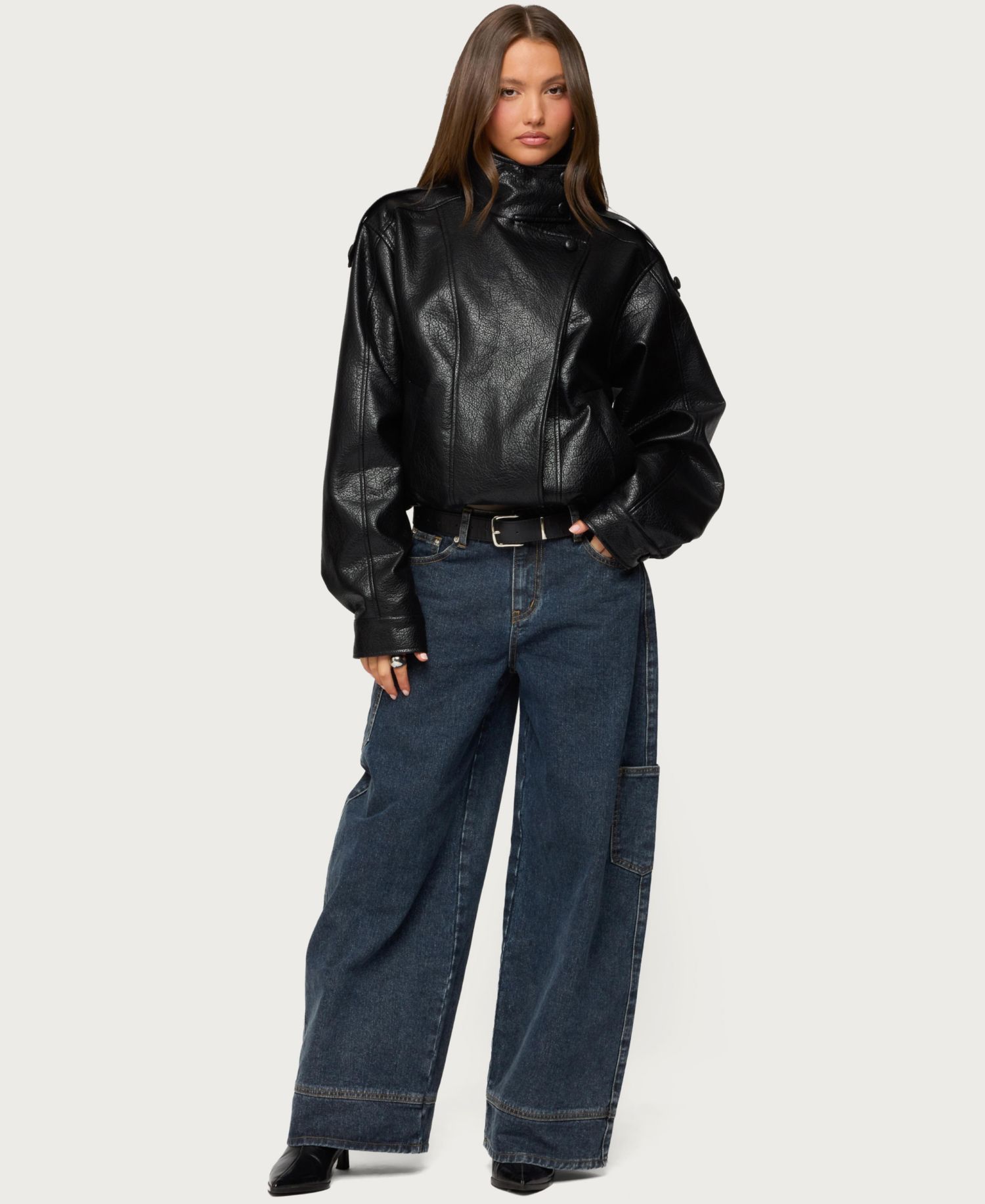 Women's Jaicee High Neck Oversized Faux Leather Jacket