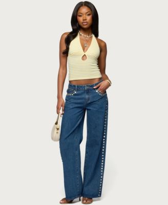 Women's Maylah Keyhole Striped Textured Halter Top