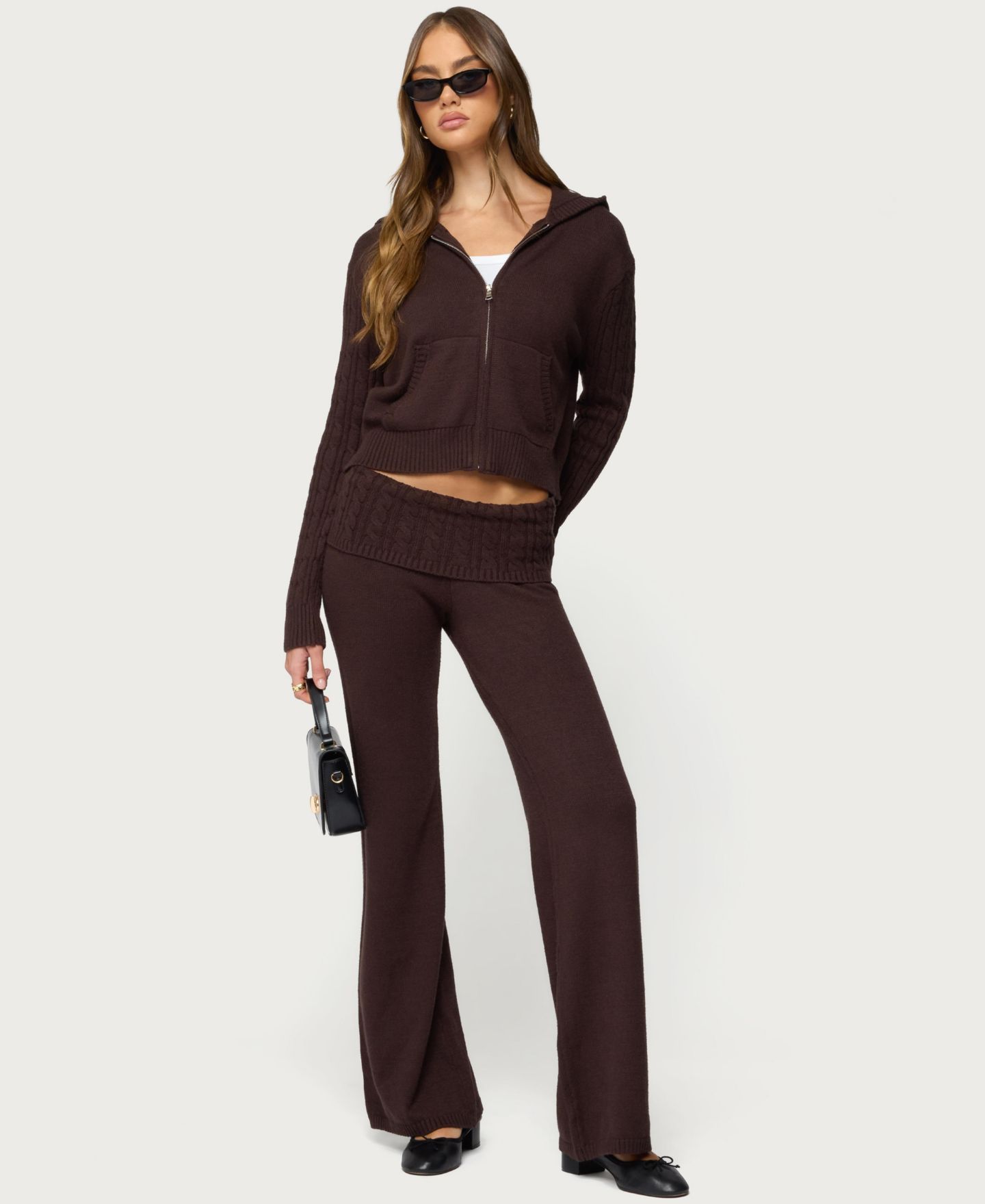 Женское худи Edikted Lula Cable Knit Zip Up, цвет: Коричневый — фото 5