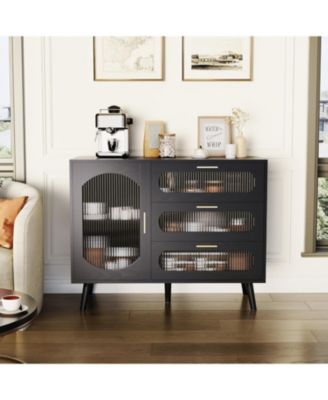 Modern Sideboard Cabinet with 3 Spacious Drawers & Fluted Glass Doors for Dining Room, Kitchen, or Living Room Storage