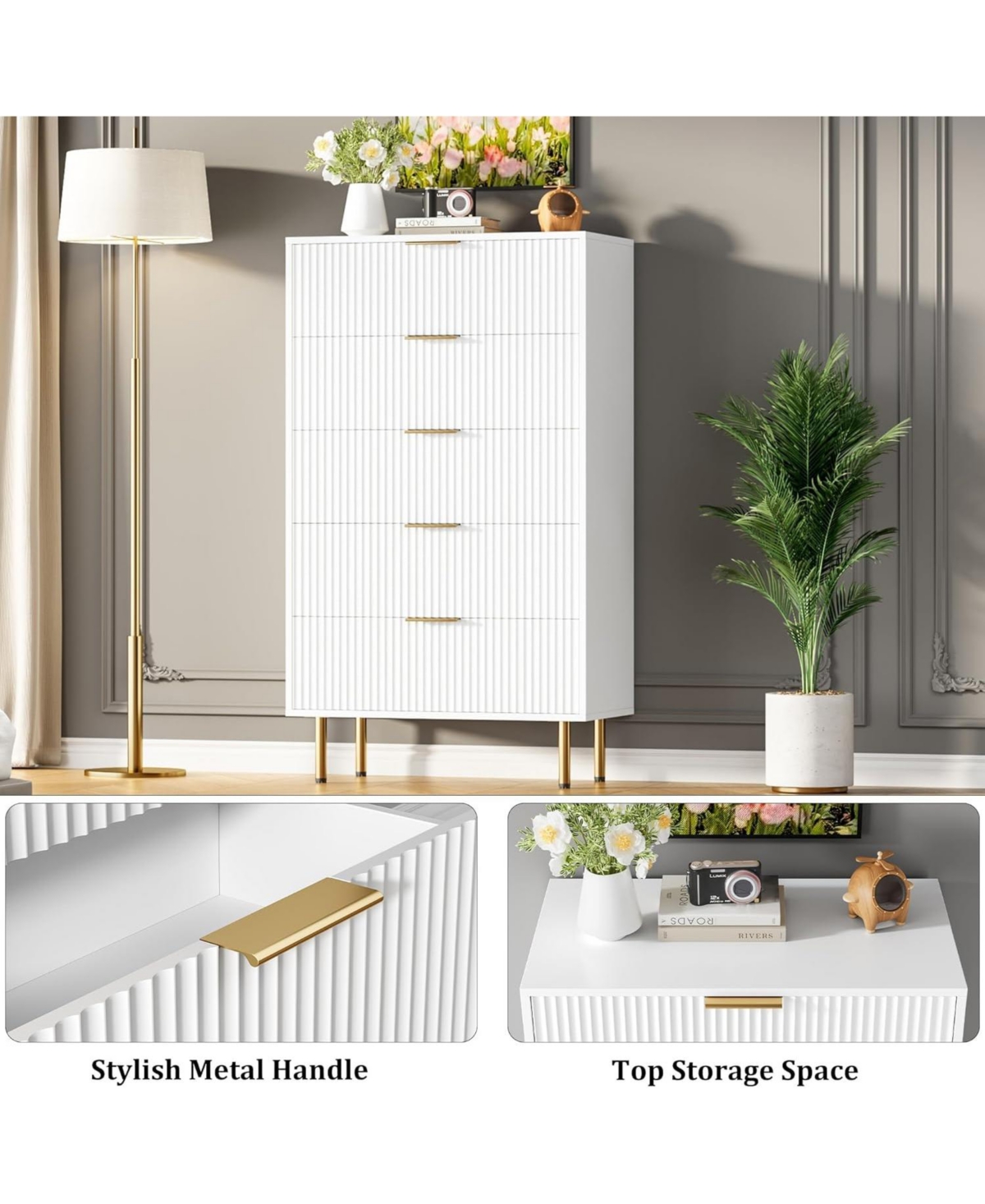 gaomon Dresser for Bedroom Chest of Drawers, Modern Wooden Wide Fluted with Drawers Metal Handles Living Room