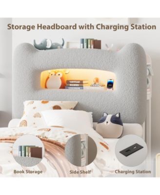 LED Full Bed Frame with 2-Tier Storage Headboard, Upholstered Platform Bed with Charging Station and Drawer, Metal Support