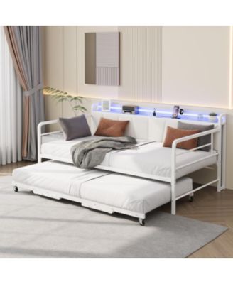 Daybed with Trundle and LED Light, Sturdy Metal Twin Size Bed Frame with Linen Upholstered Headboard and Charging Station, for Living Room