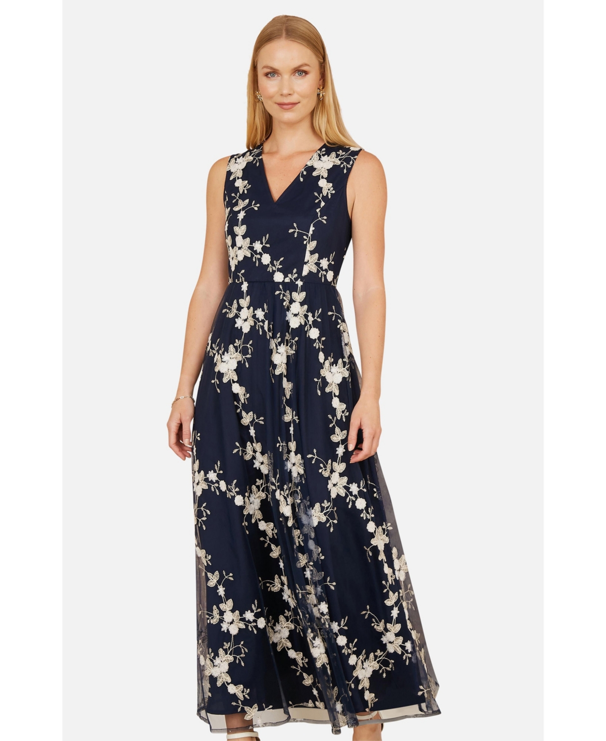 Yumi Women's Mesh Embroidered Maxi Dress