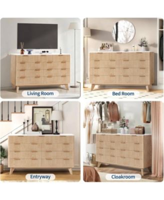 54" Wide 9 Drawer Dresser,Wooden Chest of Drawers with Fluted Wave Pattern, Metal Handles, Modern TV Stand Dresser