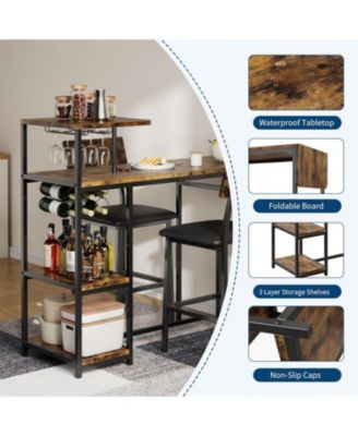 Bar Table and Chairs Set for 2, 3 Piece Breakfast Nook with Storage Shelves, Cup Holder, Wine Rack & PU Leather Bar Stools