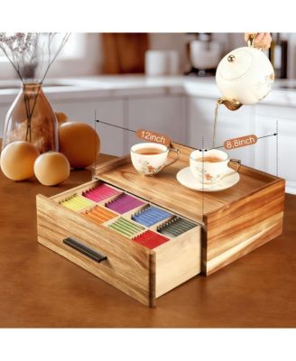 12-Compartment Wood Tea Bag Organizer with Drawer