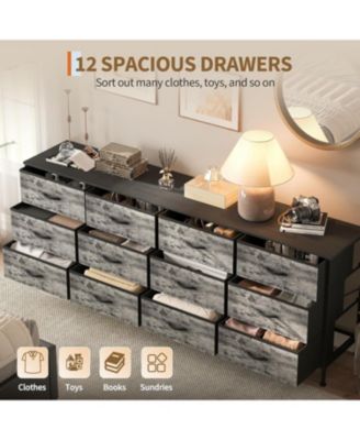 70" Bedroom Dresser with 12 Fabric Drawers, Extra-Wide Storage Chest & TV Stand for 65–80" TVs with Built-In Charging Station