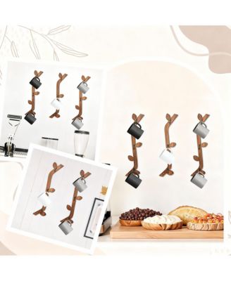 Wood Coffee Mug Wall Rack Set of 3, 9 Hooks, Space-Saving, Rustic Pine