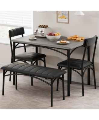 4Pcs Dining Set for 4 with Table, 2 Chairs & Upholstered Bench, Rectangular Wood Kitchen Table for Small Spaces