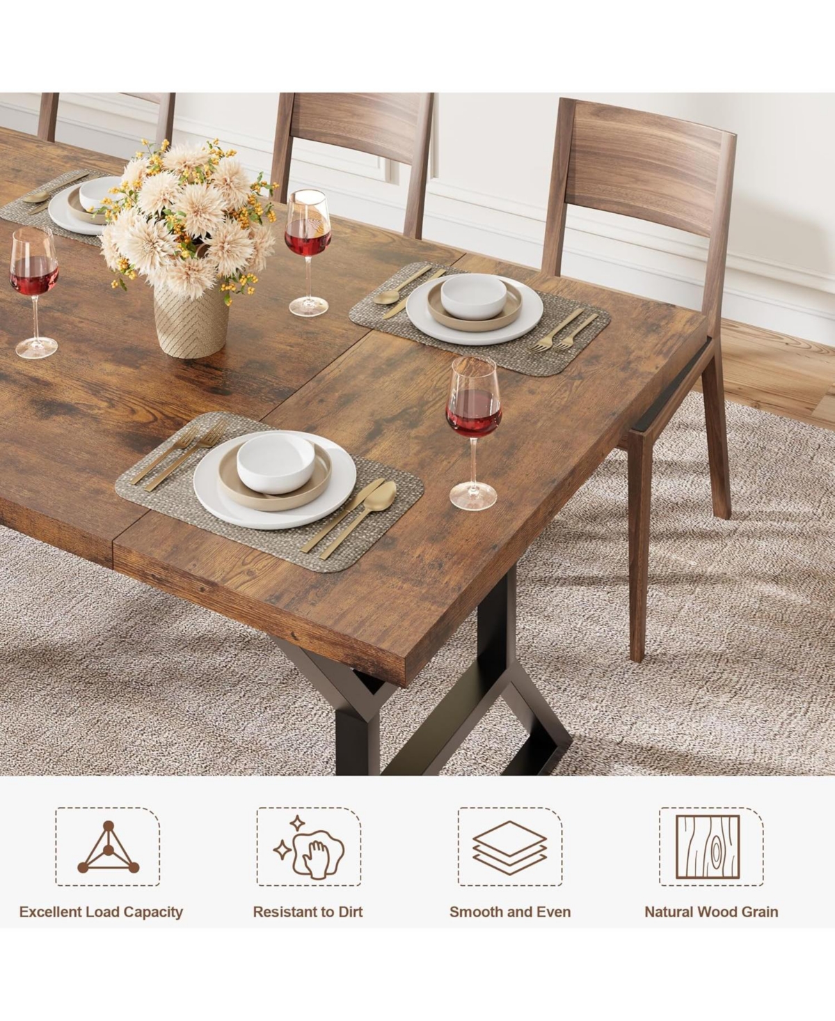 gaomon 70.9 Large Dining Room Table for 6, Rectangular Kitchen with Heavy Duty Metal Legs, Farmhouse Wooden Big Family