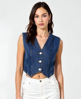 Women's V-Neck Button-Front Angled Hem Denim Vest