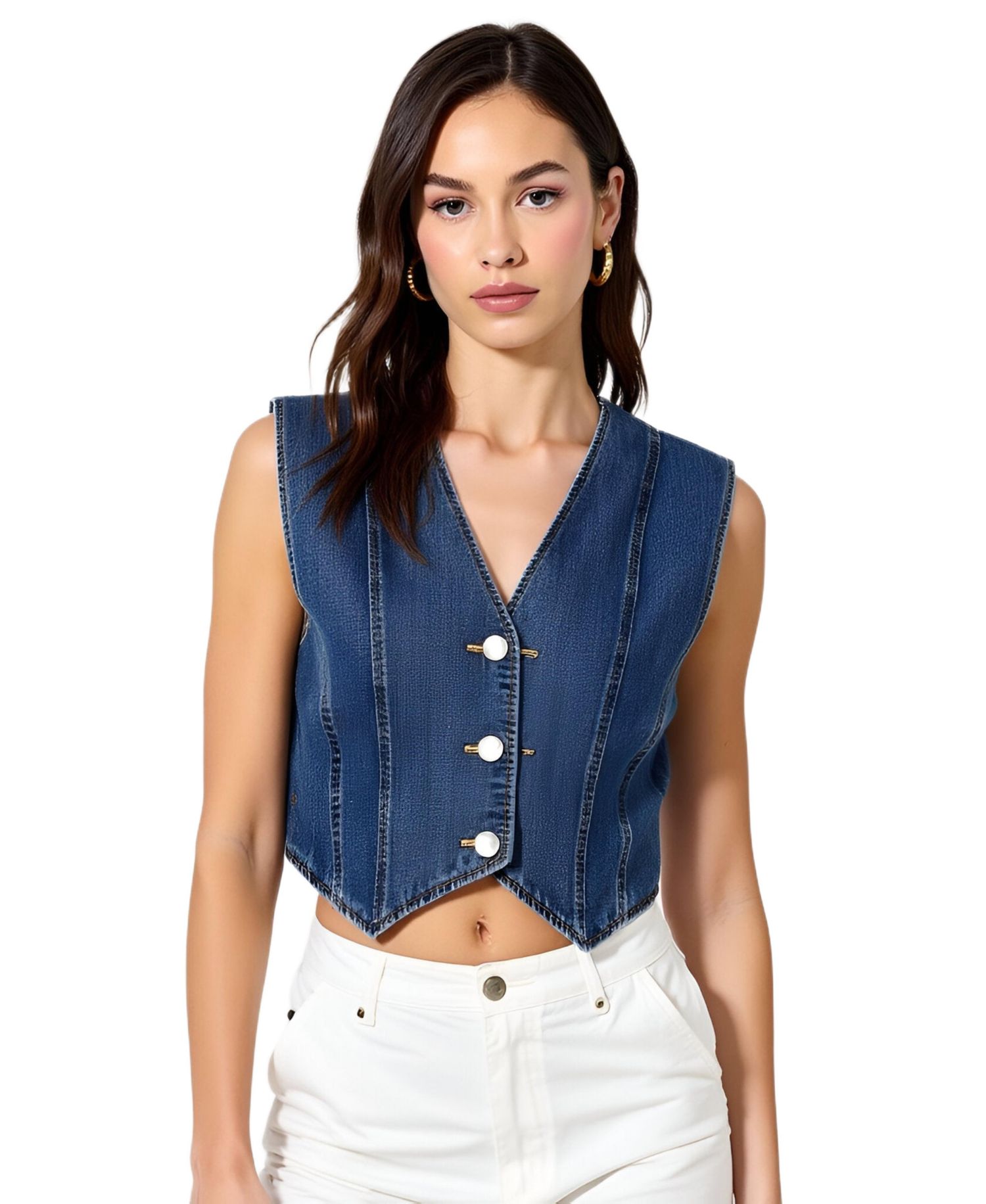 Women's V-Neck Button-Front Angled Hem Denim Vest