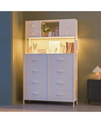 Dresser for Bedroom, 12-Drawer Fabric Chest with LED Lighting, Power Outlet and Open Shelves, Wood Top & Metal Frame for Bedroom