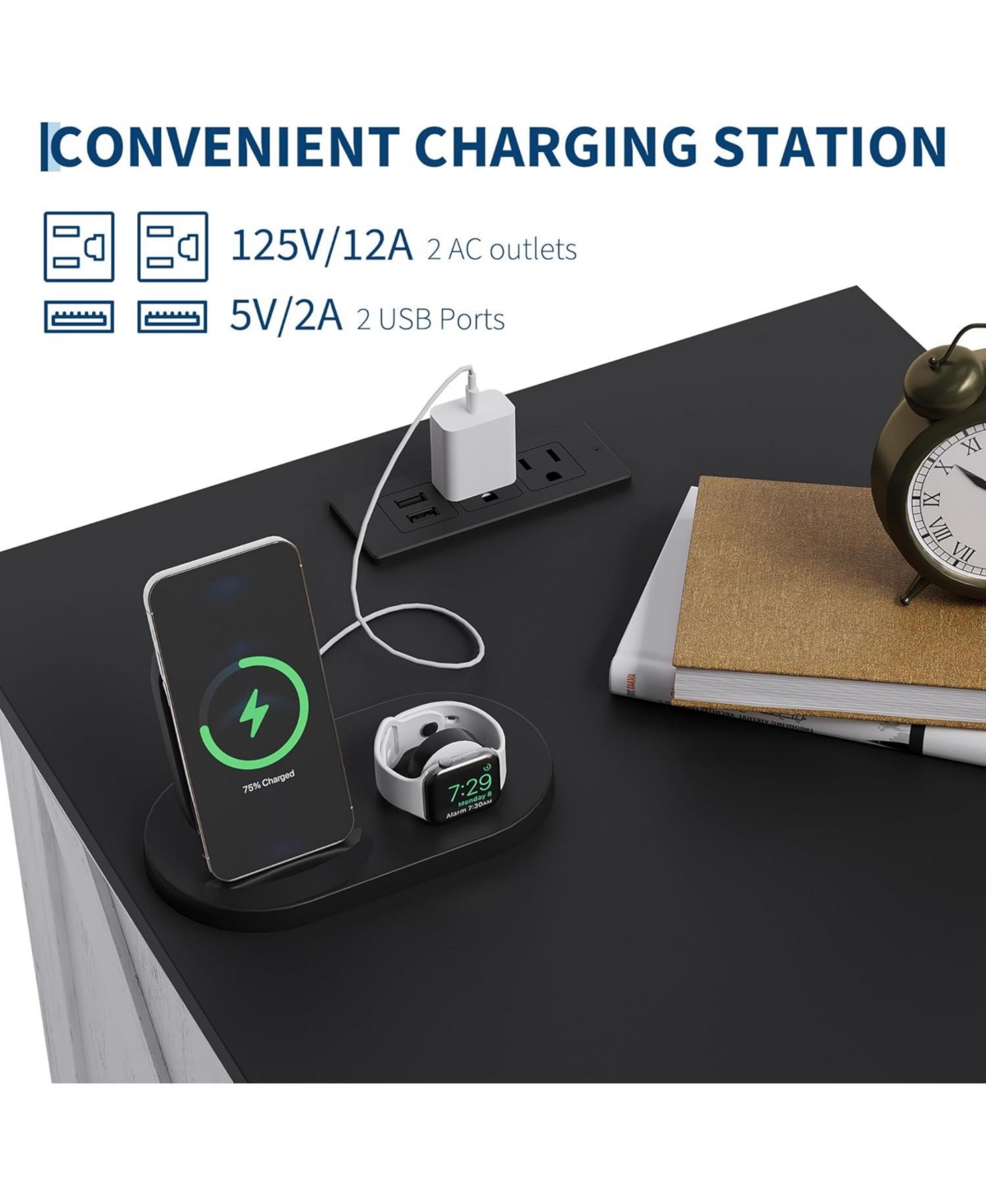 gaomon Wood Nightstand with Charging Station & 2 Drawers,Bedside Table