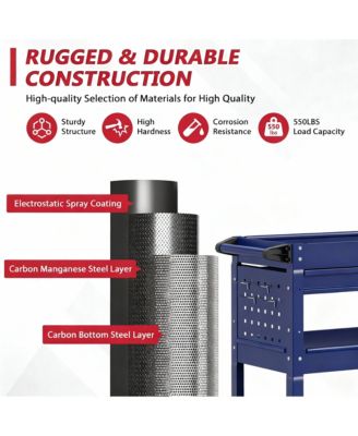 3 Tier Rolling Tool Cart with Drawer & Pegboard, 550 lbs Capacity, Easy Assembly