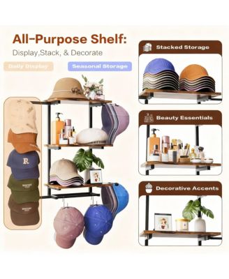 Wall Hat Rack with Shelves for Hats, Caps, & Decor