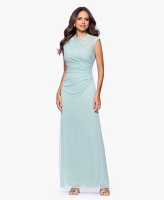Betsy & Adam Petite Lace Trim Ruched Sleeveless Gown