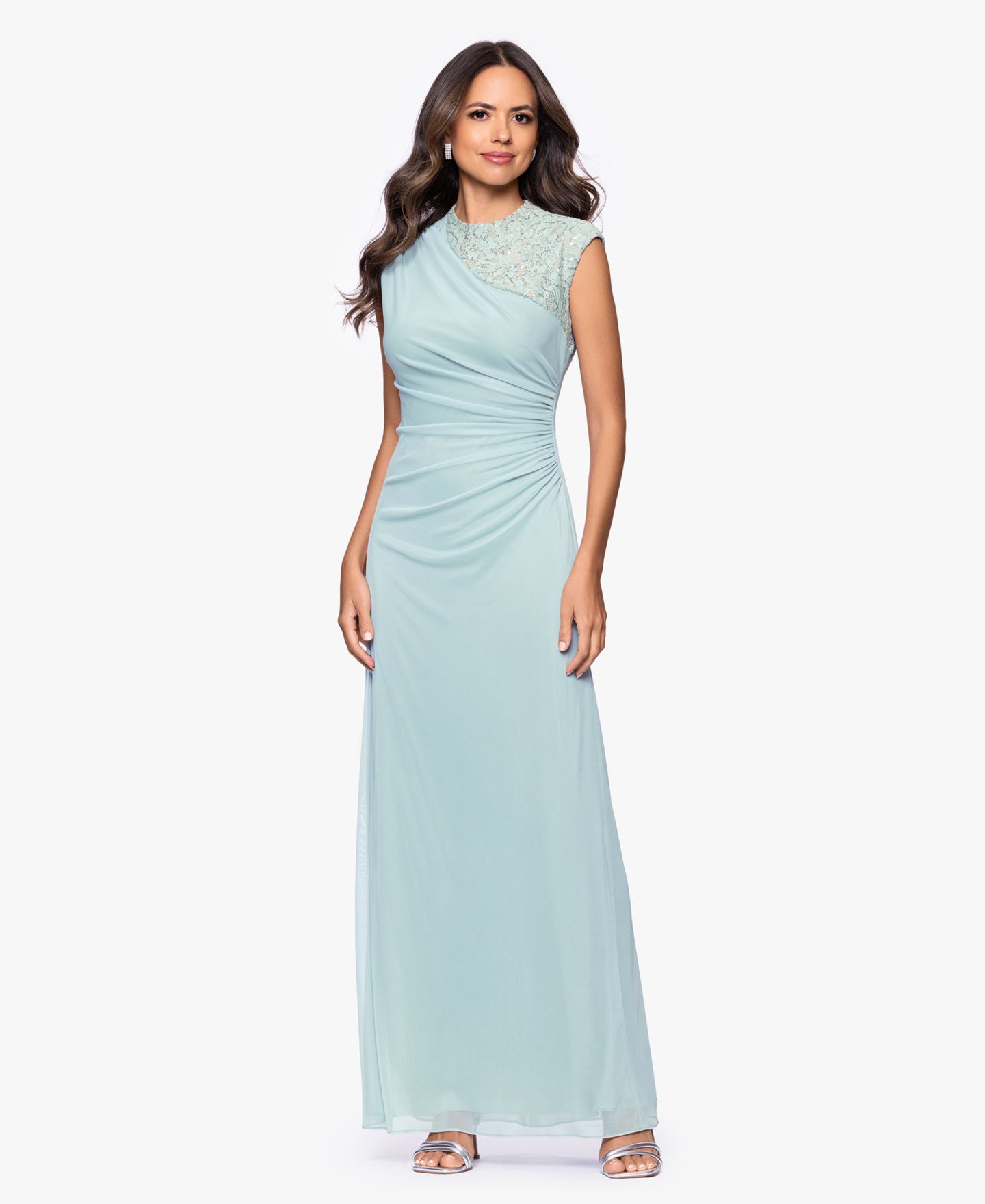 Женское платье B&A By Betsy and Adam Petite Lace Trim Ruched Sleeveless Gown, цвет: Шалфейный телесный — фото 2