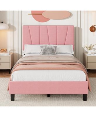 Twin Platform Bed Frame with Upholstered Fabric Headboard, Wooden Slat Support, No Box Spring Needed, Easy Assembly for Bedroom