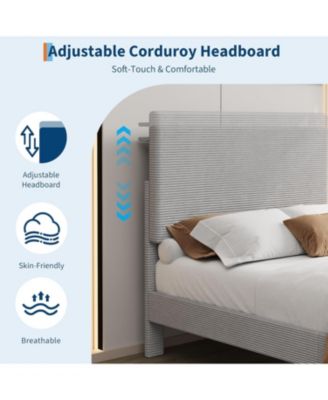 Twin Bed Frame with Charging Station, Corduroy Upholstered Platform Bed with Headboard Shelf, Wooden Slats, Noise Free, Easy Assembly