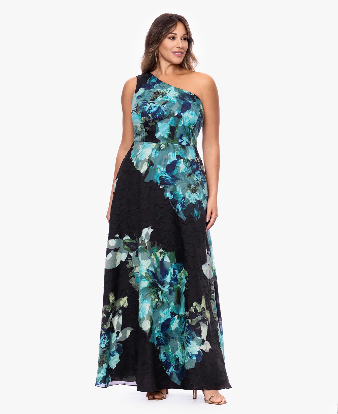 Женское платье Betsy & Adam One-Shoulder Burnout Print Ball Gown, цвет: Чёрный бирюзовый — фото 2