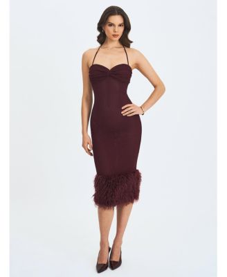 Women's Pluma Maroon Halter Faux-Fur Trimmed Midi Dress