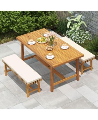 3-Piece Patio Dining Set Rectangular Table and 2 Benches w/1.97'' Umbrella Hole