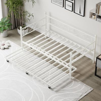 Heavy Duty Metal Twin Daybed with Pull Out Trundle, Modern Bed Frame with Headboard, Sturdy Steel Slats, No Box Spring Needed