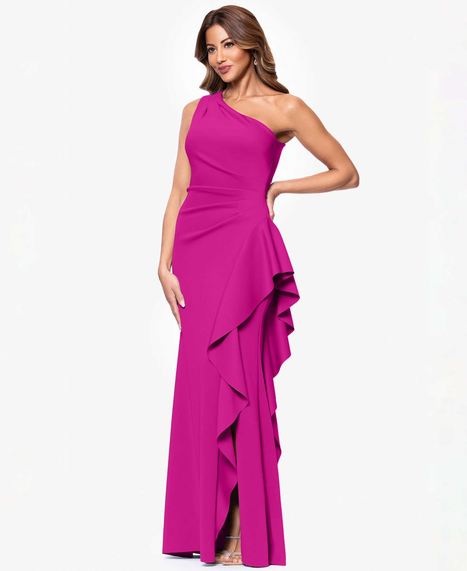 Petite Ruffled One-Shoulder Scuba Gown