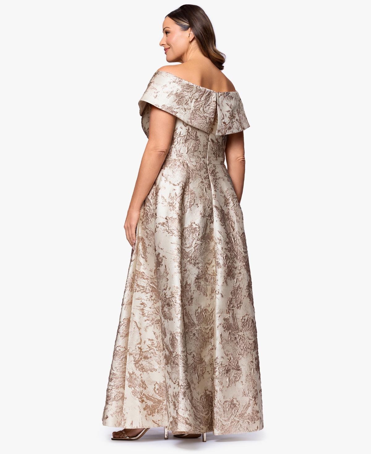 Xscape Plus Off-The-Shoulder Metallic Jacquard Ball Gown