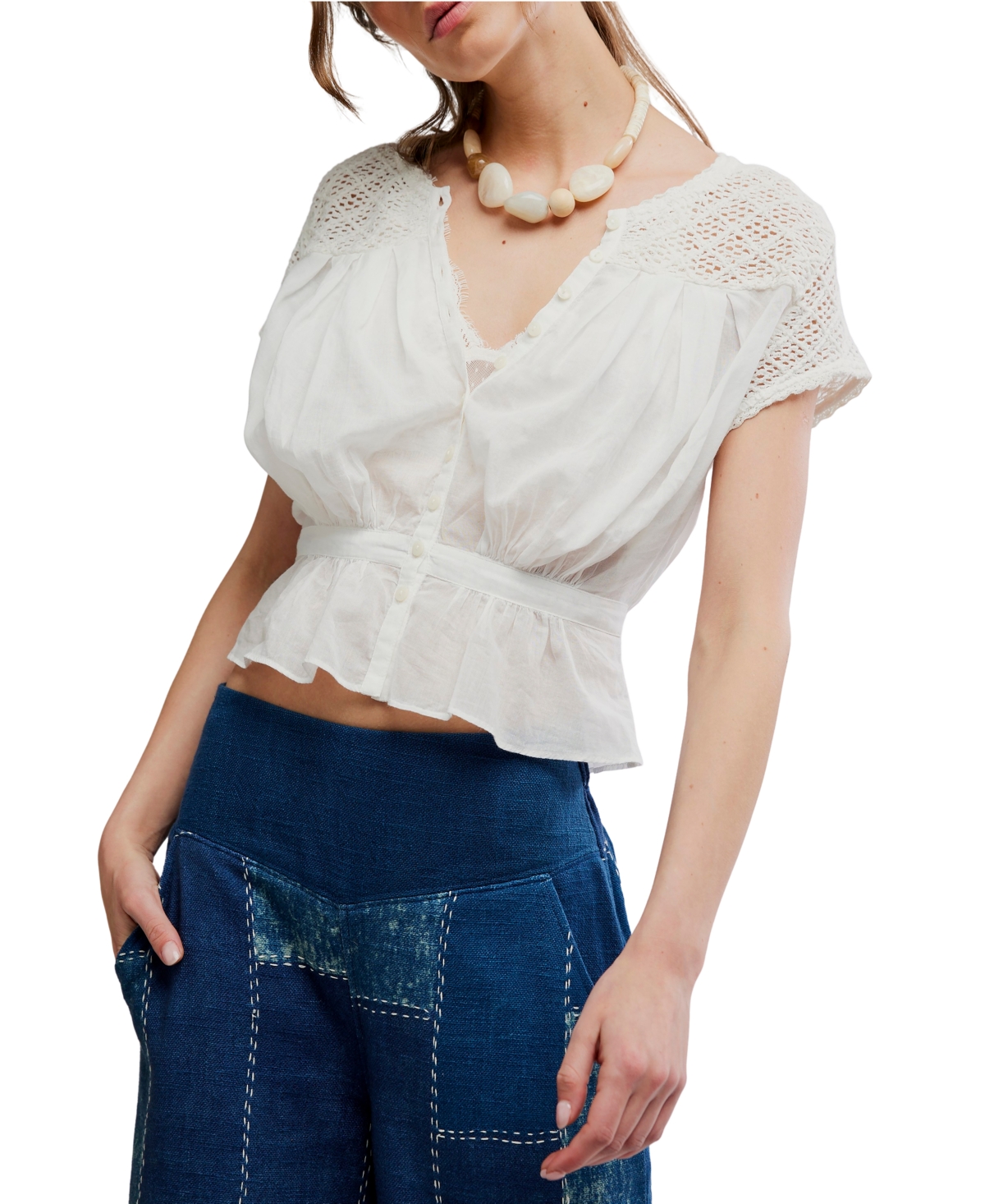 Free People Women's Gemma Embroidered Boat Neck Top