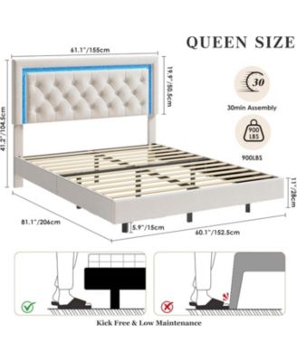 King Floating Bed Frame with Smart LED, Upholstered Diamond Headboard, Wood Slats, No Box Spring