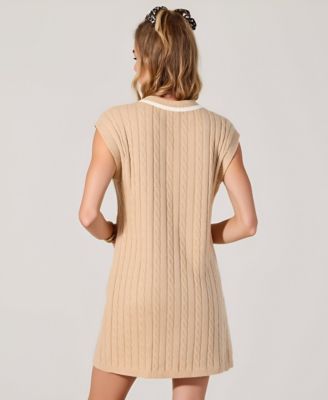 Women's Cable Knit Sleeveless V-Neck Contrast Stripe Mini Dress