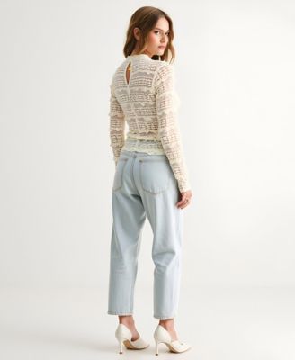 Women's Sheer Lace Scalloped Mock Neck Long Sleeve Top