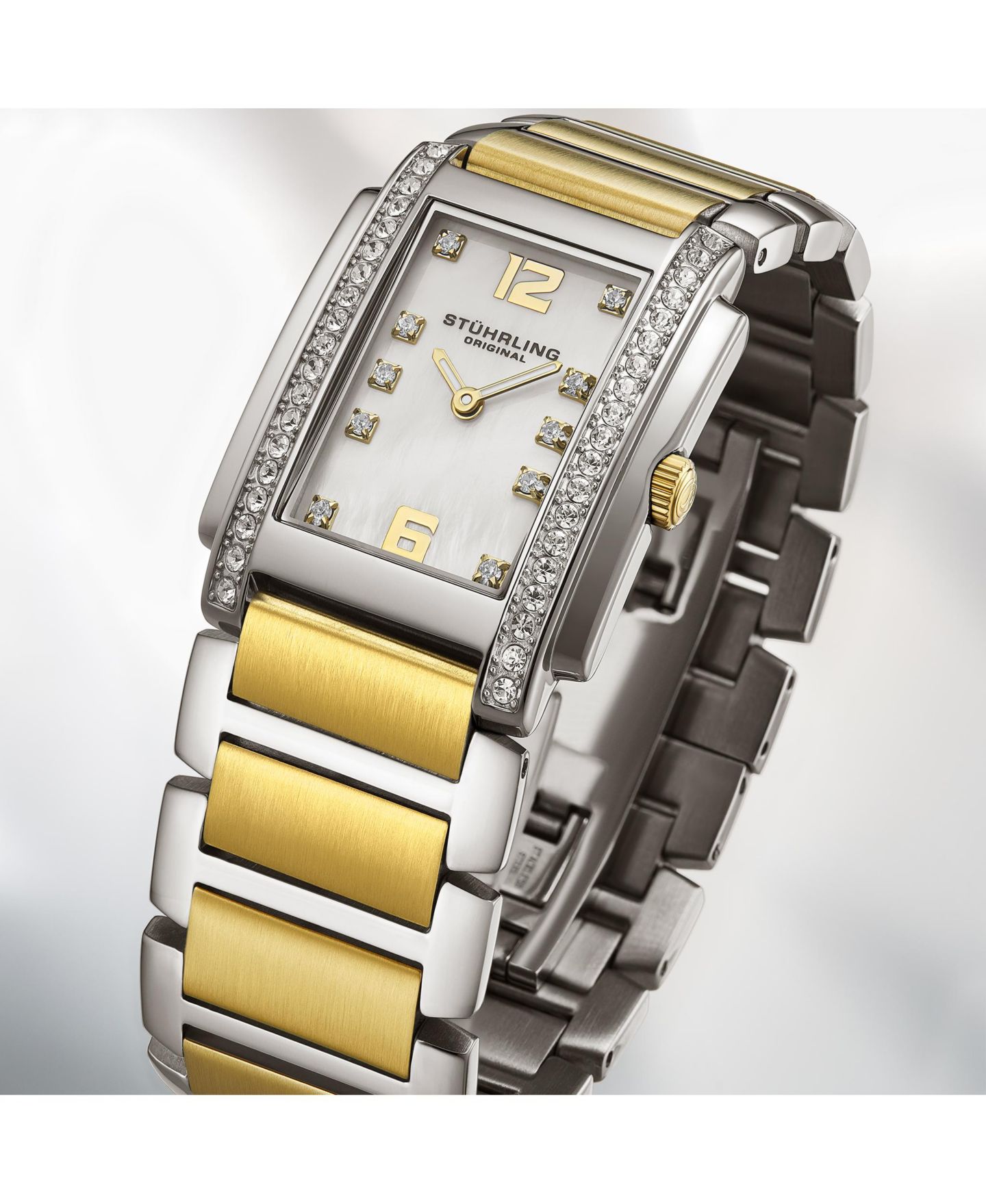 Женские часы Stuhrling Serafine Rectangular Quartz Watch, Two-Tone Case, Mother-of-Pearl Dial & Swarovski Crystal Bezel, цвет: Двухцветный жёлтый — фото 5